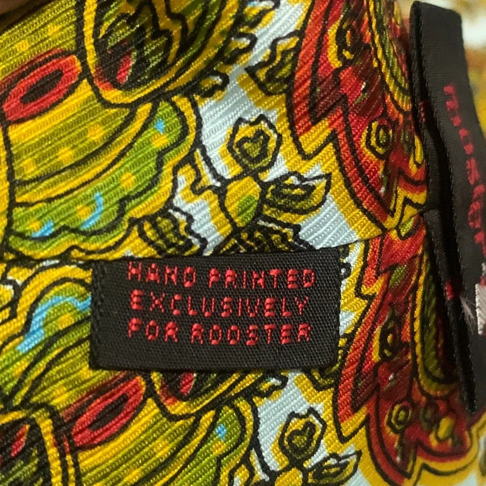 Vtg Rooster‎ John Wanamaker Paisley Neck Tie Green Gold Hand Printed Square End